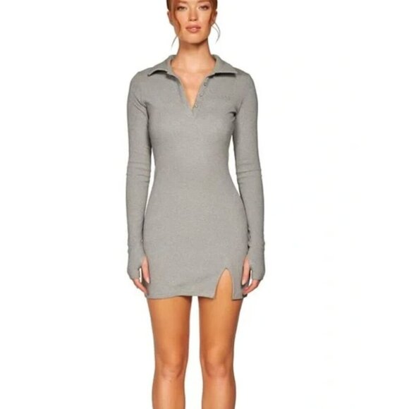 My Mum Made It Grey Long Sleeve Ribbed Bodycon Split Polo Dress Medium - Picture 1 of 7